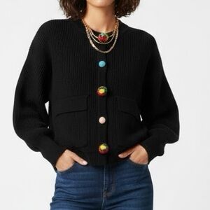 Black Knit Sweater Boxy Fit Balloon Sleeves Pom Buttons S/M